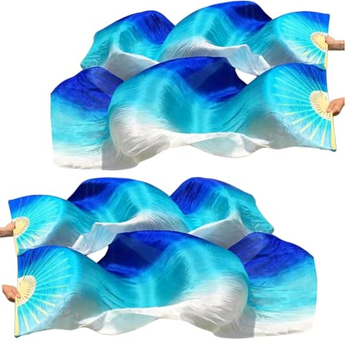 BRYCTSISEN Silk Belly Dance Fan Veil 2 Pairs Long Performance Folding Fan - color: Gradual Blue