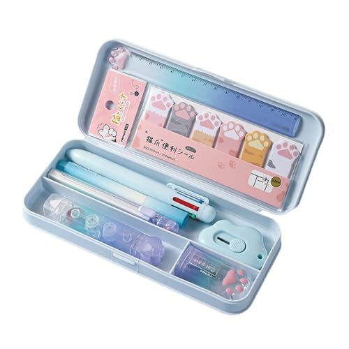 MOZXIRZ 9 Pcs Cute Blue Stationery Set Cat Paw School Supplies Kawaii Office Supplies Including Pens Highlighter Pencil Sharpener Eraser Correction Tape Ruler Sticky Flag Tabs (Gradient Blue) - color: Gradient Blue