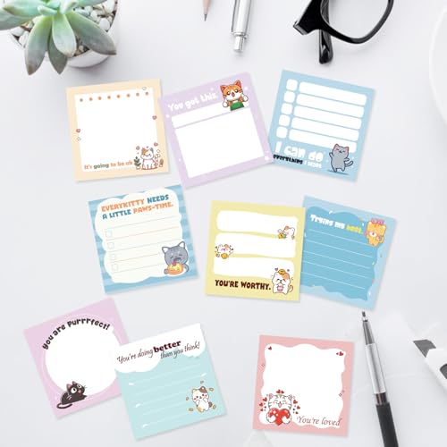 9 Pcs Cute Cat Sticky Notes, Fun Kawaii Cat Self-Adhesive Notes for Women Man, Inspirational Positive Sticky NotePads for Teacher Students Office Worker Animal Lovers Gift - color: Cute Cat