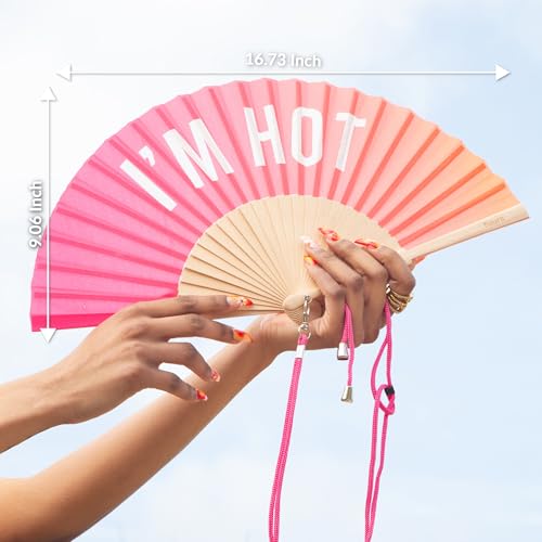 Fisura – Original Gradient Folding Fan with Message “I'm h*t”. Wooden Handheld Fan for Women with Hanger. Accessory for Weddings, Parties, Birthdays, Festivals and Creative Gift Ideas. - color: Hot, Pink Gradient