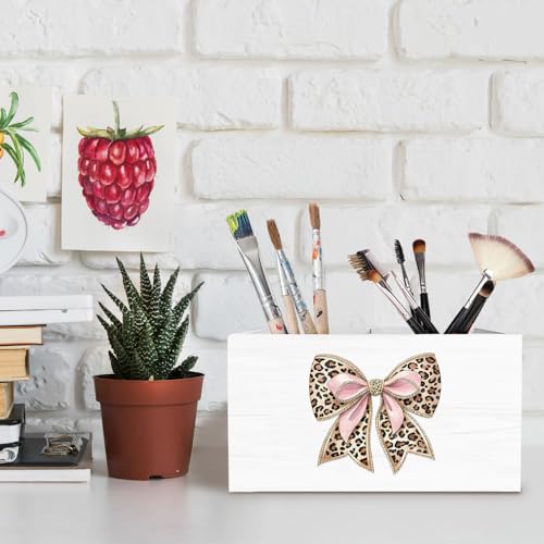 Leopard Coquette Bow Pen Holder for Desk, Pink and Cheetah Print Pencil Organizer, Preppy Trendy Leopard Bow Wooden Box Sign Desk Decor for Girls Bedroom Home Decoration - color: Cheetah