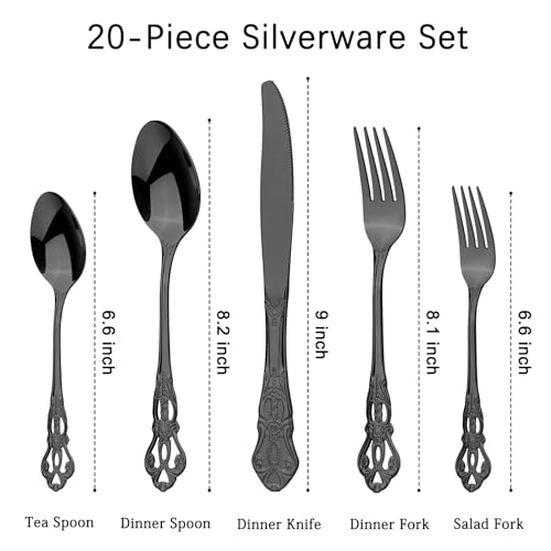 Retro Royal Black Silverware Set With Gift Box, 20-Pieces Cutlery Set Utensils Stainless Steel Flatware For 4 MIKIWAY Kitchen Tableware Set For Gifts Festive, Dishwasher Safe, Mirror Polishing - color: A-Mirror Black (Gift Box)