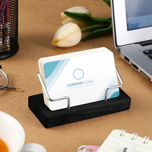 Amyhill 2 Pieces Wood Business Card Holder for Desk,Black, Silver - color: Black, Silver