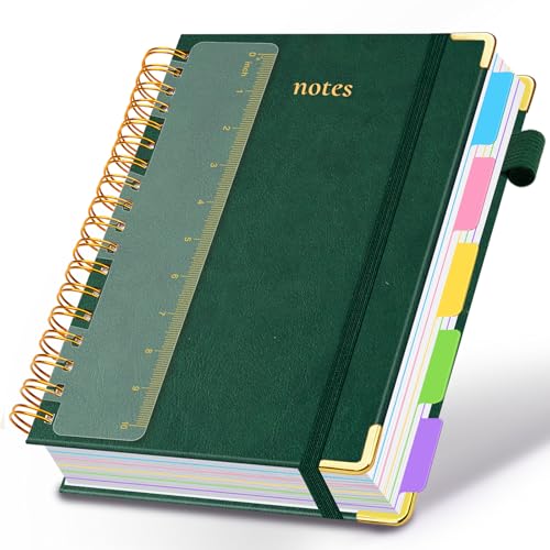 Hardcover Spiral Notebook 8.5"x11" Journal Notebook with Tabs and Removable Dividers 300 Pages 5 Subject Notebook College Ruled, Faux Leather Spiral Bound Notebook for Women School Work(Green) - color: Green, size: 8.5"x11"(A4)