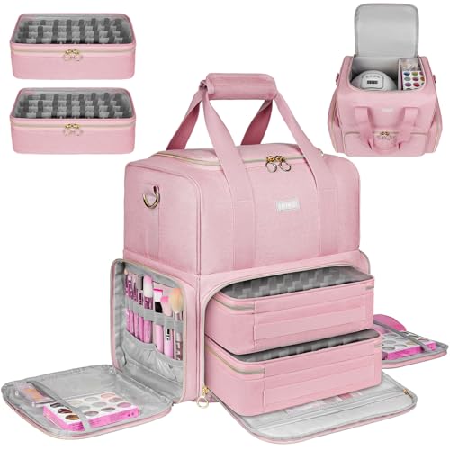 Nail Polish Organizer Holds 80 Bottles and a Nail Lamp,Nail Polish Carrying Case with 2 Removable Bags,Nail Organizers and Storage for Nail Tech,Portable Nail Polish Holder for Nail Supplies,Pink - color: Pink