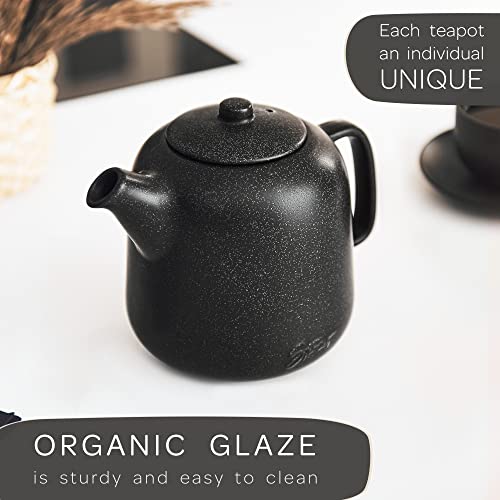 Steinzeit Design Tea Pot (44 oz) - Premium Ceramic Teapot with Infuser for Loose Tea - Black Teapot Ceramic with Removable Strainer - size: 44 oz without warmer