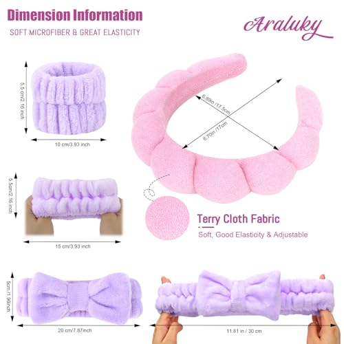 6 Pcs Spa Headband Set - Terry Cloth Headbands with Sponge Wristbands for Skincare, Makeup Removal, and Shower - color: Pink+Purple