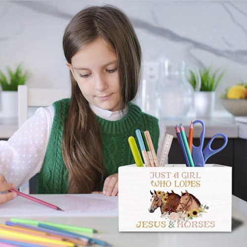 Floral Horse Christian Pen Holder for Desk, Horse Lover Gifts Pencil Organizer, Just a Girl Who Loves Jesus and Horses Wooden Box Sign Desk Decor for Girls Room Home Decoration - color: FLORAL HORSE