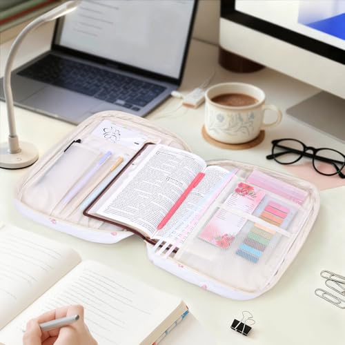 XKDOUS Bible Cover for Women Bible Bag Kit Church Book Holder Carrying Case - color: Pink Bow With Letter M