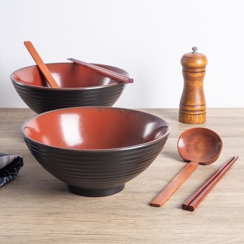 40oz Japanese Ceramic Ramen Bowl Set of 2 with Chopsticks and Spoons for Pho Udon Asian Soup Noodles (Red) - color: Red
