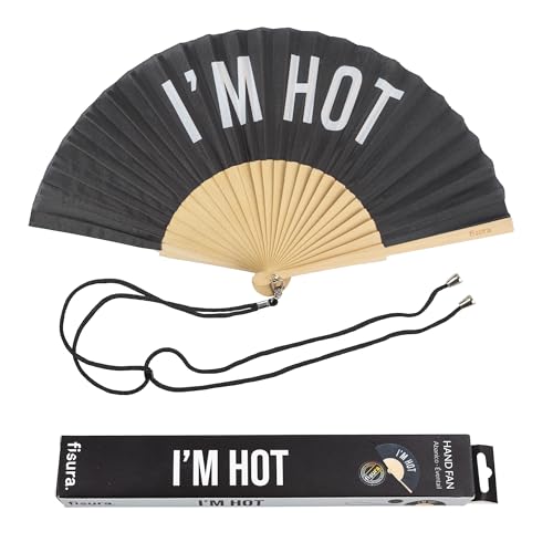 Fisura – Original Black Folding Fan with Message I'm hot, Wooden Handheld Fan for Women, Includes Hanger, Perfect for Wedding, Party, Travel, Gift or Summer Decoration - color: I'm Hot, Black