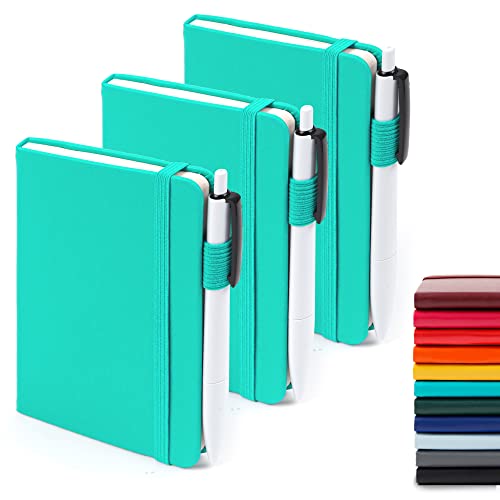 feela 3 Pack Pocket Small Notebook Journals, Mini Cute Memo Notepad Hardcover College Ruled Lined Journals with Pen Holder for Women Girls Office School, with 3 Black Pens, 3.5”x 5.5”, A6, Aqua - color: 3 Aqua