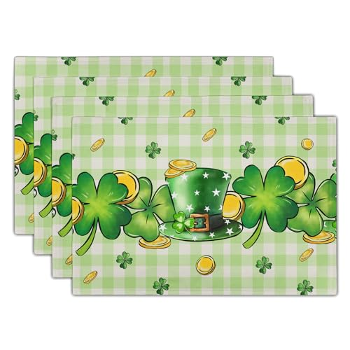 St. Patrick's Day Clover Top Hat Placemat Set of 4,Lucky Shamrock Gold Coin Dining Place Mat Table Decor 12x18 Inch Buffalo Plaid Seasonal Spring Table Mats for Home Party Kitchen Decoration - color: Shamrock Gold Coin