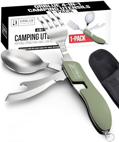 Orblue 4-in-1 Camping Utensils, 1-Pack, Portable Stainless Steel Spoon, Fork, Knife & Bottle Opener Combo Set - Travel, Backpacking Cutlery Multitool Olive Green - color: 1-PACK Olive Green