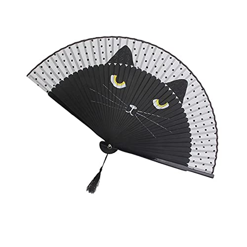 Folding Hand Fan for Women - Foldable Chinese Japanese Vintage Bamboo Silk Fan - with Tassel and Pouch, Perfect for Decoration, Dance, Wedding,Music Festival，Party,Gifting（Black Cat） - color: Black Cat