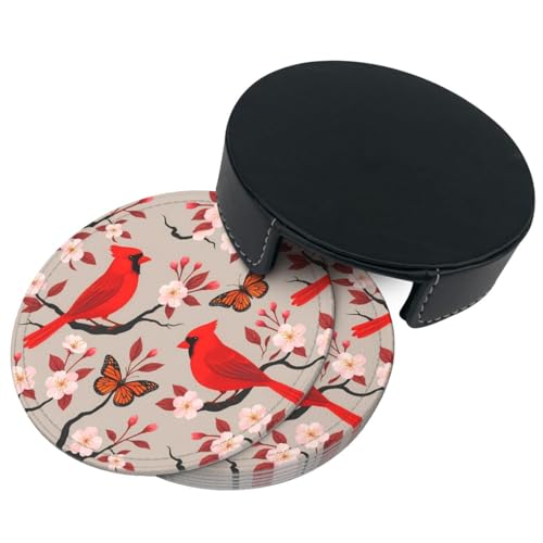 6 Pcs Leather Coasters for Drinks with Holder Birds Bloom Cherry Flowers Coaster Sets Drink Table Cup Coasters for Kitchen Coffee Decor - color: Red Birds Cherry Flowers
