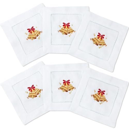 100% Linen Cocktail Napkins Set of 6 | Embroidered Christmas Bells 6"x6" Fabric Coaster for Kitchen Coffee Bar Xmas Party Events Reusable Ladder Hemstitch Jingle Bells Cloth Napkins Square - color: Jingle Bells