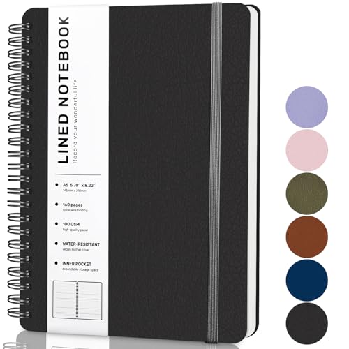 Lined Spiral Journal Notebook, A5 Hardcover Leather Notebook for Work, 5.7''×8.2'', 100GSM Thick Paper Spiral Bound Journaling Notebooks for Women & Men Office School Note Taking Business, Black - color: Black, size: A5