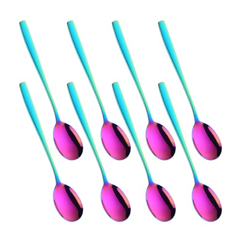 Metal Round Spoons, 8 inch Stainless Steel Reusable Long Handle Korean Soup Spoons, Table Dinner Desert Spoon Set of 8 - size: Rainbow Color