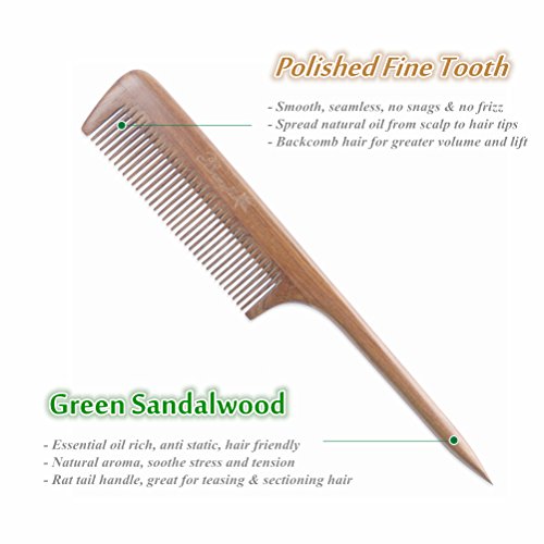 Breezelike Hair Combs for Styling, Fine Tooth Wooden Tail Comb for Women - color: Green Sandalwood