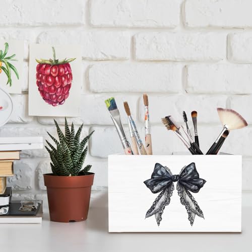 Coquette Black Lace Bow Pen Holder for Desk, Girly Preppy Room Decor Pencil Organizer, Black Ribbon Bow Wooden Box Sign Desk Decor for Girls Dorm Room Home Office Decoration - color: Black Lace Bow
