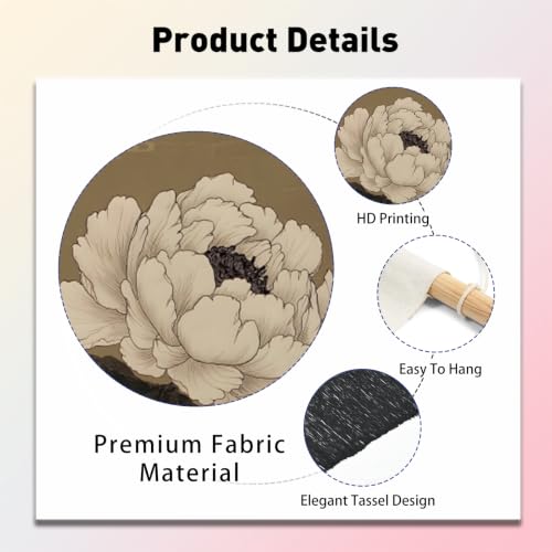 PLIGREAT 2 Pack Japanese Peony Vertical Tapestry with Tassels Elegant Flower Wall Hanging for Bedroom Bathroom Living Room Warm Long Narrow Wall Hanging Dorm Room Home Art Decor - color: white,brown