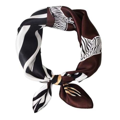 Women 100% Mulberry Silk Neck Scarf 21" Square Floral Neckerchief - color: Coffee+zabra Print