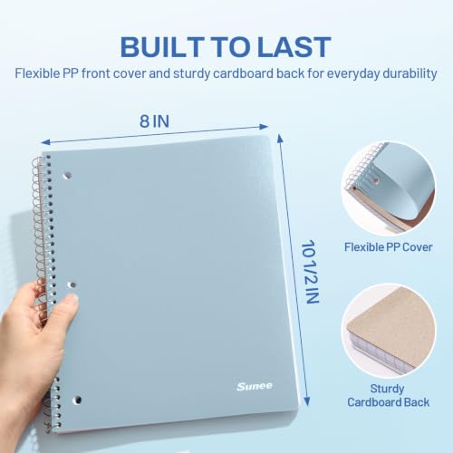 SUNEE Spiral Notebook, 1-Subject, Graph Ruled Paper, 8" x 10-1/2", 100 Sheets per Notebook, 3-Hole Punched Paper, Water Resistant Cover, Spiral Grid Notebooks for Work, Home, School, Grey Blue - color: Grey Blue