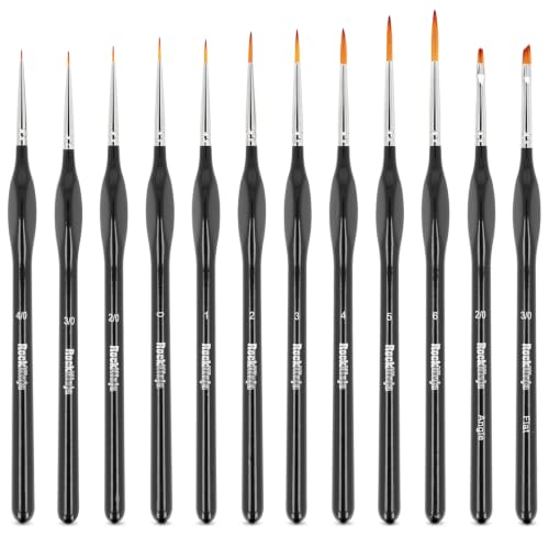 Detail Paint Brush Set, Rock Ninja 12pcs Thin Brushes for Fine Detailing & Art Painting - Acrylic,Watercolor, Oil Miniatures, Scale Models, Airplane Kits, Nail, Line Drawing - color: Black