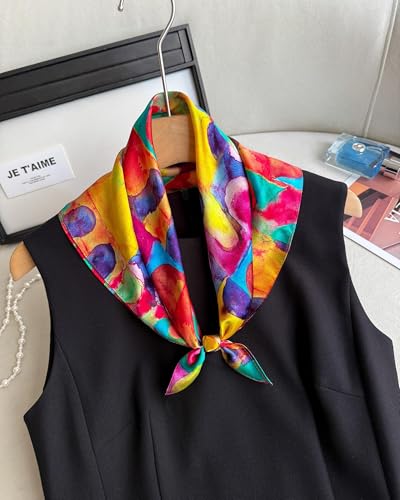 100% Mulberry Silk Scarf for Women Lightweight 21" Small Square Neck Scarf Headscarf Neckerchief Gift Packed - color: Colorful Abstract