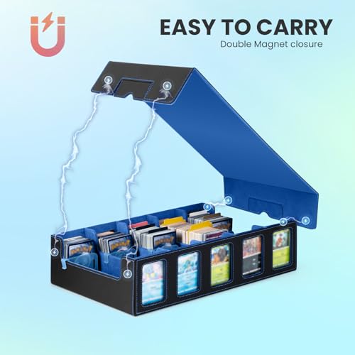 Trading Card Storage Box with Commander Display, 5-Row Deck Case with Removable Lid & Handle, 4000+ Card Organizer with 48 Colorful Dividers & 5 Stoppers for MTG, Black & Blue - color: Black & Blue, size: 4000+, with Handle