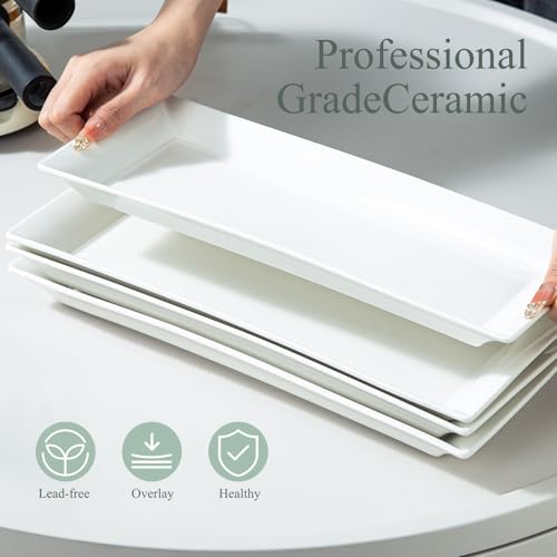 14" Rectangular Platters Set of 4, White Ceramic Platters, Large Serving Plates for Party, Entertaining, Wedding, Rectangle Serving Dishes for Steak, Sushi, Appetizer, Oven Dishwasher Safe - color: White 2