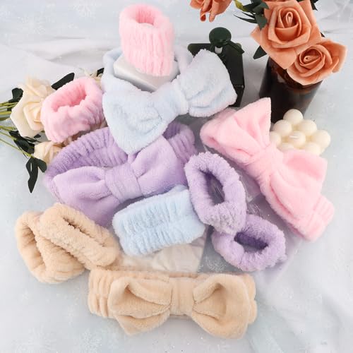 AOPRIE SPA Headbands for Washing Face Makeup Headbands with Bow Hair Band Women Facial Head Band Laurel Wrist Towel Wraps For Shower Face Mask Blue Pink Purple, 12 Pack - color: Blue Pink Purple