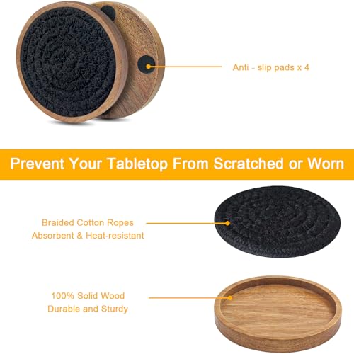 Wood Coasters for Drinks, Eykao Absorbent Coaster Sets of 5, Woven Drink Coasters for Coffee Table, Housewarming Gift for Farmhouse Home Decor,4 inches - color: Black