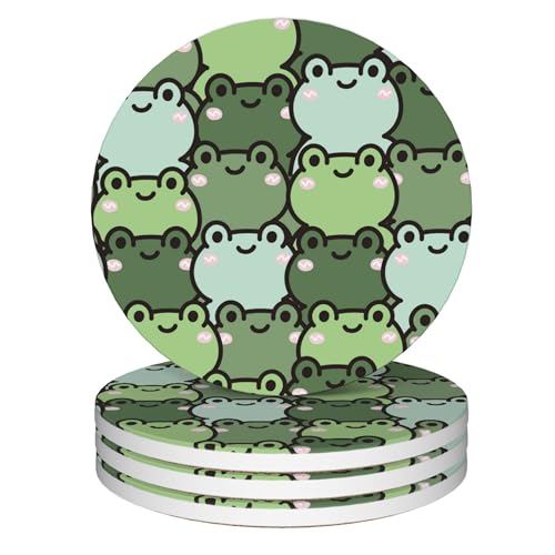Drink Coasters Set of 4,Cute Frog Green Coasters for Drinks Ceramic Coasters with Cork Bottom for Kinds of Mugs and Cups,Home Decor,4'' - color: Cute Frog Green
