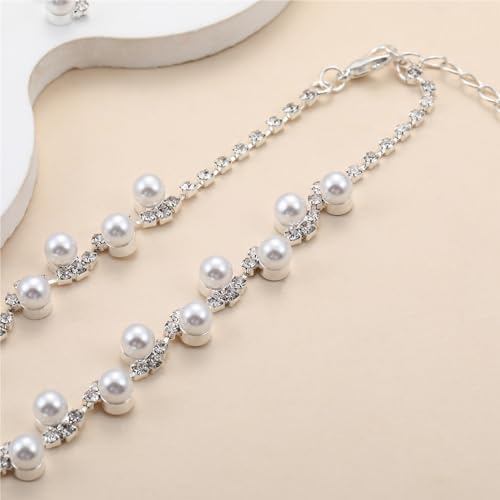 Pearl Bride Wedding Jewelry Set Faux Pearls Crystal Rhinestone Necklace Earrings Bracelet Sets for Women Bridesmaid(3 PCS) - color: Silver - 3-Piece Set