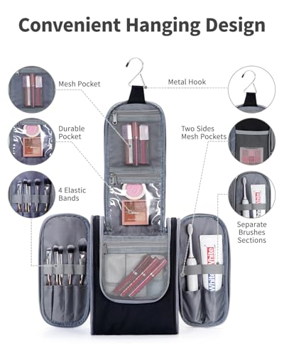 Narwey Hanging Travel Toiletry Bag for Women, Cosmetic Makeup Bag - color: AB-Black, size: Medium