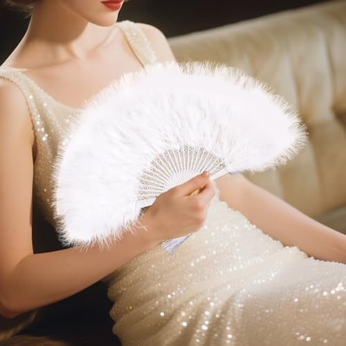 whitefeather Vintage Feather Hand Fan, 17.7 x 11.8 inches, Marabou Feathers, 1920s Style for Costume Parties, Tea Parties - color: White