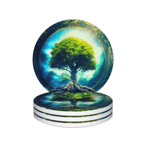 Coasters Set of 4, Magic Green Round 4" Ceramic & Cork Coasters, Absorbent, Ideal for Table Home Decor & Gifts - color: Tree