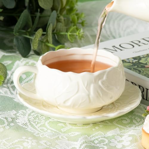 KAMMAK Tea Cups and Saucers Set of 2, 10 oz Porcelain Coffee Cups, SY005 - size: 8CZSY005