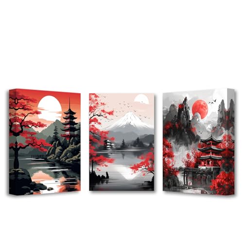 PBXBJY Japanese Canvas Wall Art 3 Pieces Japanese Landscape Painting Prints Red and Black Cherry Blossom Trees Building Pictures Living Room Office Decor Frame (20x28inchx3Pcs) - color: Red, size: 20x28inchx3Pcs