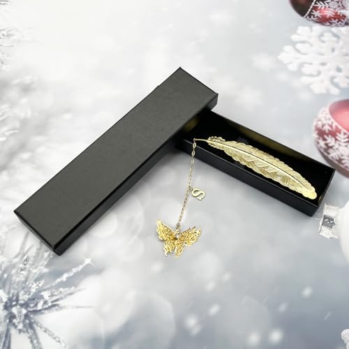 Initial Letter and Butterfly Charm Metal Feather Bookmark (Gold-S) - style: Gold-S
