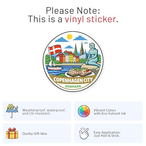 Cartoon Style Denmark Copenhagen City Sticker - Waterproof Outdoor Vinyl Decal, 3 Inch - color: Cartoon Style Denmark Copenhagen City, size: 3'' longer side