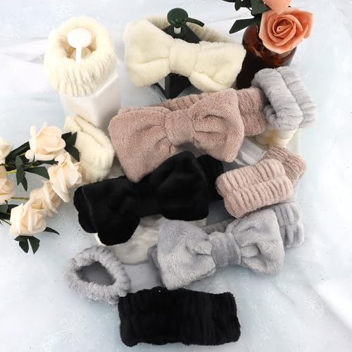 AOPRIE SPA Headbands for Washing Face Makeup Headbands with Bow Hair Band Women Facial Head Band Laurel Wrist Towel Wraps For Shower Face Mask Gray Black White Beige, 12 Pack - color: Gray Black White Beige