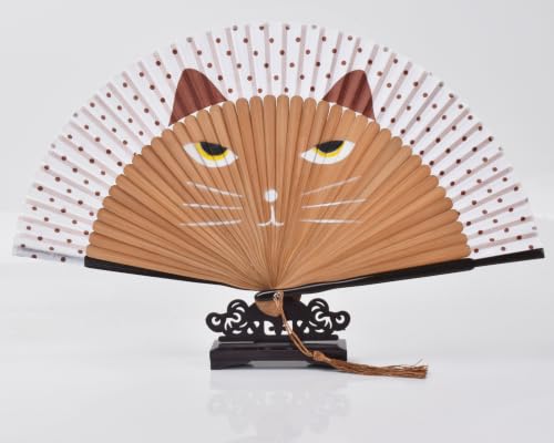 8.27" Hand Held Bamboo Silk Folding Fan, Foldable Small Hand Fan,Chinese/Japanese Charming Elegant Vintage Retro Style,Women Ladys Girls Best Gifts (Brown cat) - color: Brown cat