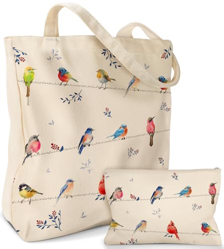 Miss Adola Canvas Tote Bag with Matching Makeup Pouch - color: Watercolor Bird