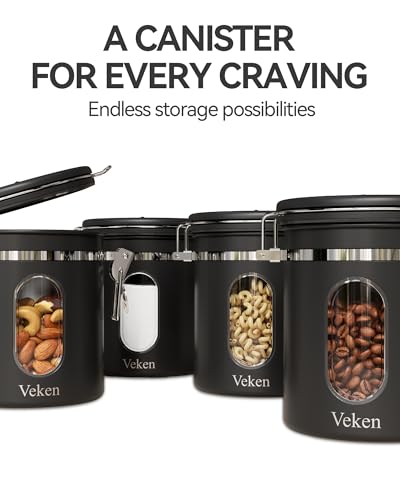 Veken Coffee Canister with Window,Airtight Stainless Steel Container,16OZ - color: Black, size: 16 oz