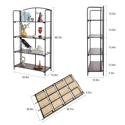 Crofy 4-Tier Wider Foldable Bookshelf, Black Frame & Walnut Shelves - color: Black Frame & Walnut Shelf, size: 4 Tier Wider