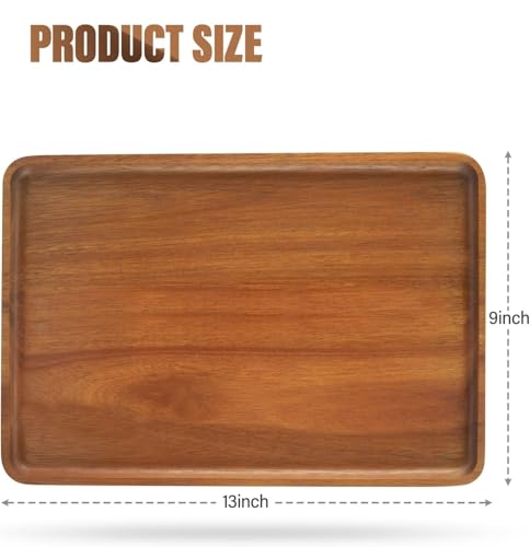 2 PCS 13 x 9 in Solid Acacia Wood Serving Trays Rectangular Wooden Serving Platters Natural Wooden Boards for Bar Coffee Party - color: Brown, size: 13" x 9"