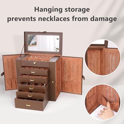 Kendal Extra Large Jewelry Box Jewelry Case PU Leather 6 Tier 5 Drawers Large Storage Capacity with Mirror Jewelry Storage Organizer Great Gift Also Good For Watches LJC-SHD5BN (Brown) - color: Brown, size: Extra-Large(12.7"x12"x6.7")